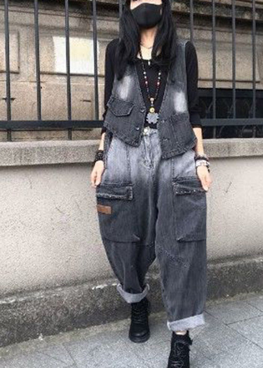 Gradient Color Black V Neck Patchwork Waistcoat and Harem Pants Two Pieces Set Spring