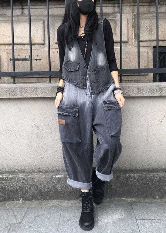 Gradient Color Black V Neck Patchwork Waistcoat and Harem Pants Two Pieces Set Spring