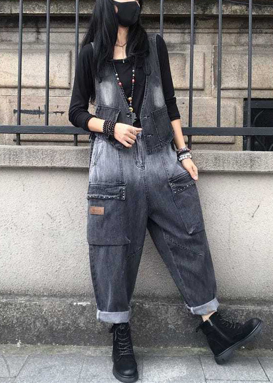 Gradient Color Black V Neck Patchwork Waistcoat and Harem Pants Two Pieces Set Spring