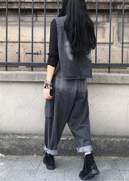 Gradient Color Black V Neck Patchwork Waistcoat and Harem Pants Two Pieces Set Spring