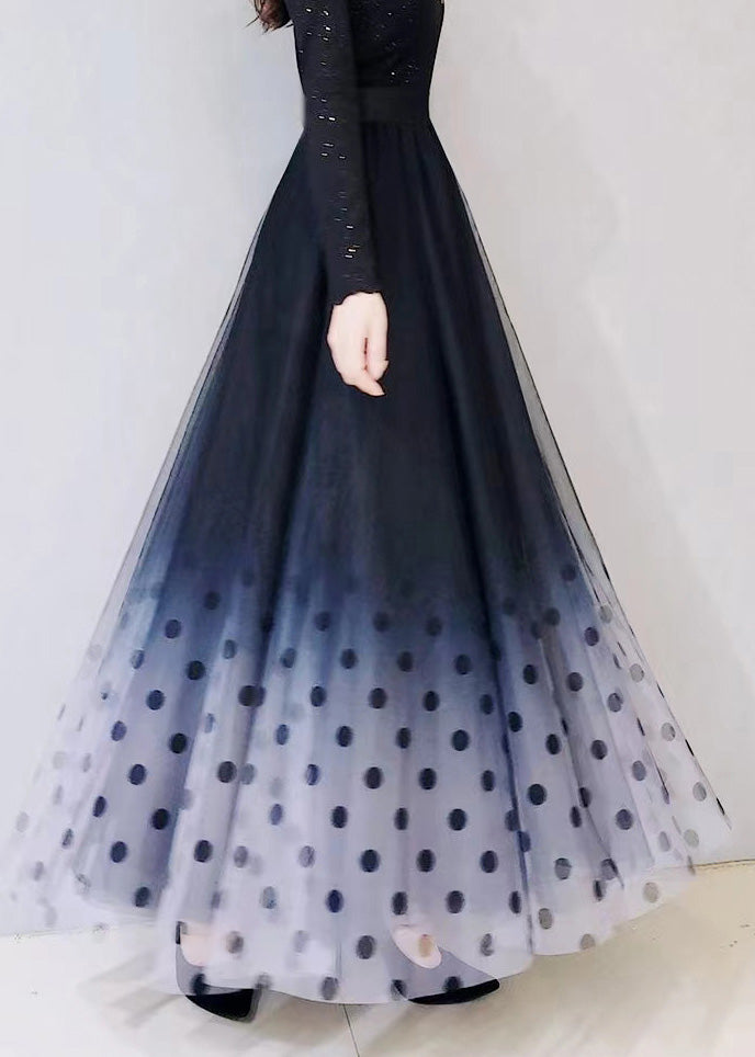 Gradient Color Blue Dot High Waist Tulle a Line Skirts Spring