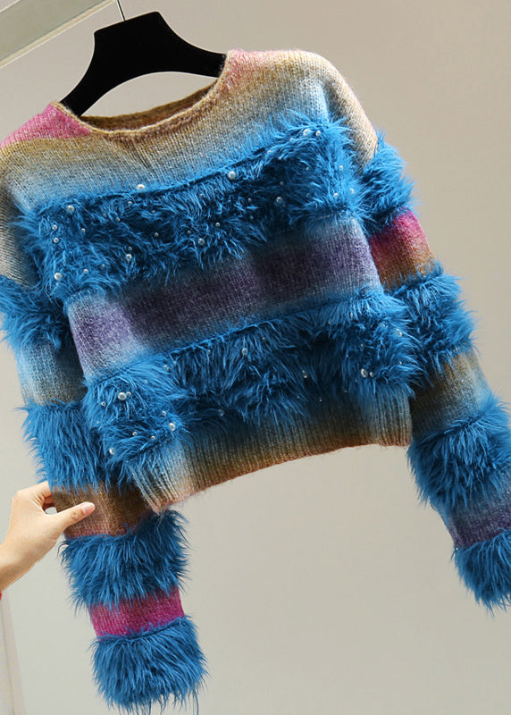 Gradient Color Blue O-neck Patchwork Nail Bead Cotton Knit Sweaters Winter