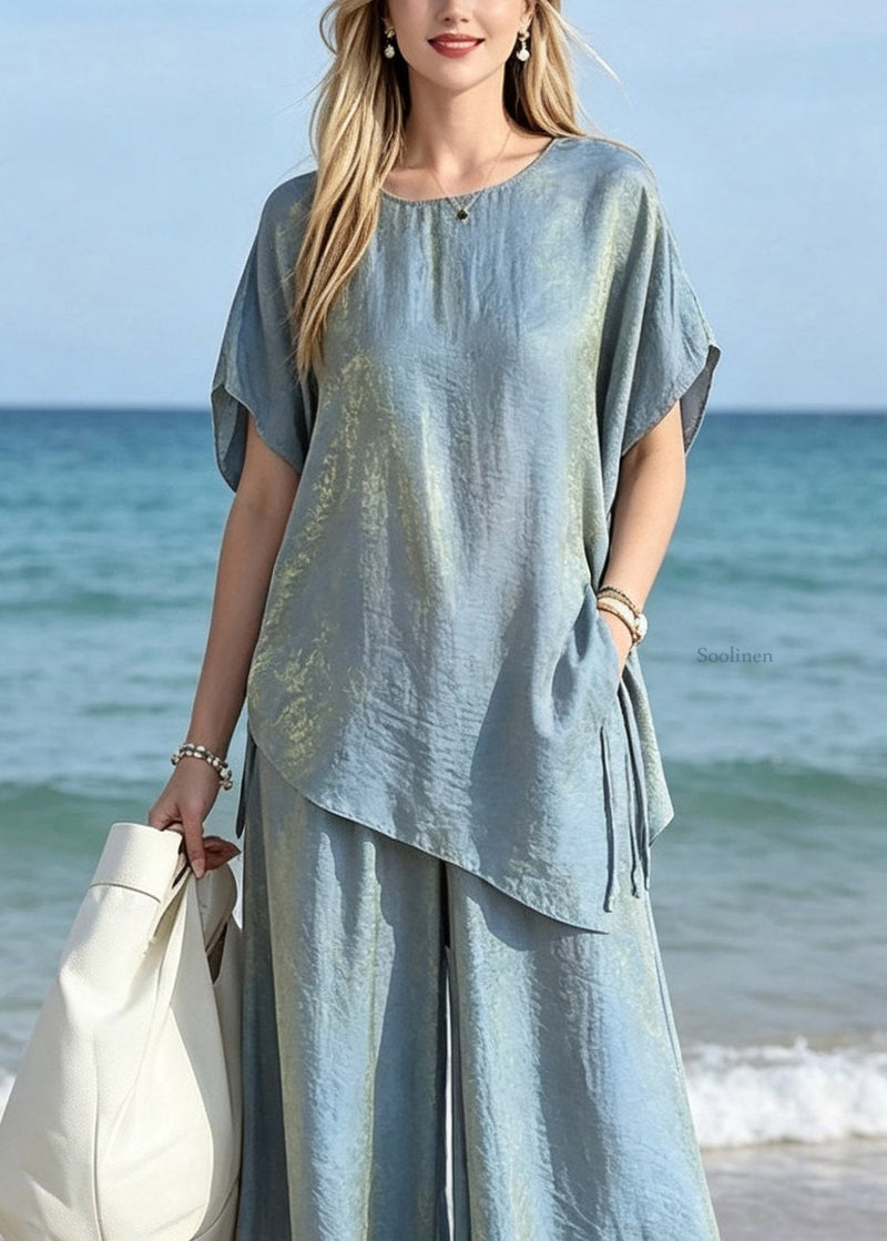 Gradient Color Blue O-neck Silk T Shirts and Wide Leg Pants Two Pieces Set Short Sleeve