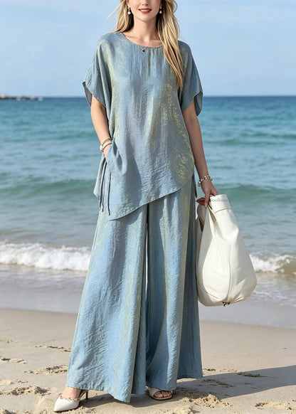 Gradient Color Blue O-neck Silk T Shirts and Wide Leg Pants Two Pieces Set Short Sleeve