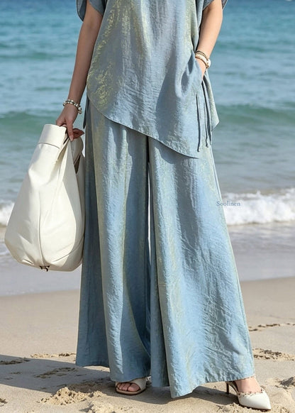 Gradient Color Blue O-neck Silk T Shirts and Wide Leg Pants Two Pieces Set Short Sleeve