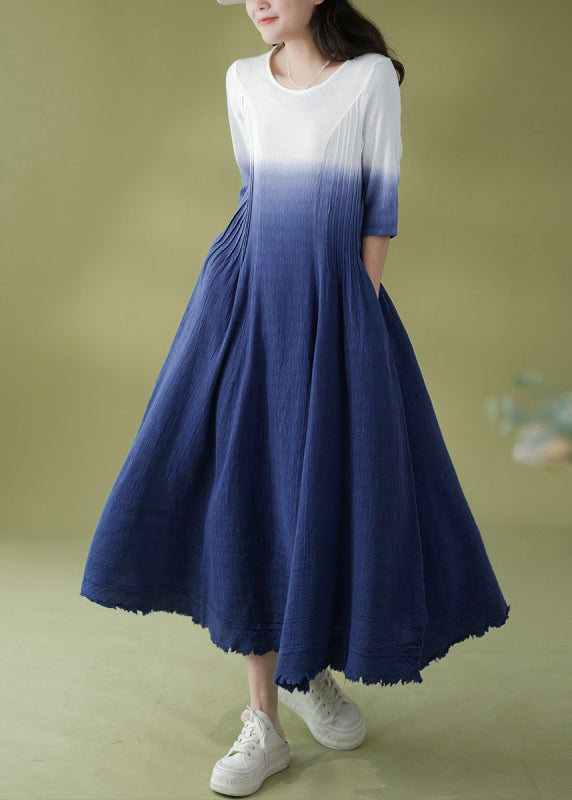 Gradient Color Blue O-neck Wrinkled Ramie Long Dress Short Sleeve