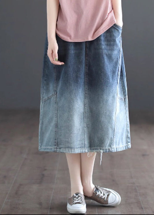 Gradient Color Blue Patchwork Elastic Waist Tie Waist a Line Skirts Summer