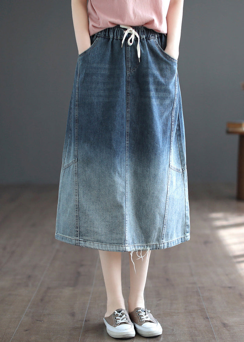 Gradient Color Blue Patchwork Elastic Waist Tie Waist a Line Skirts Summer