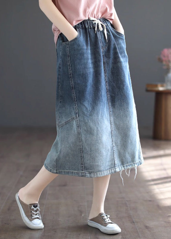Gradient Color Blue Patchwork Elastic Waist Tie Waist a Line Skirts Summer