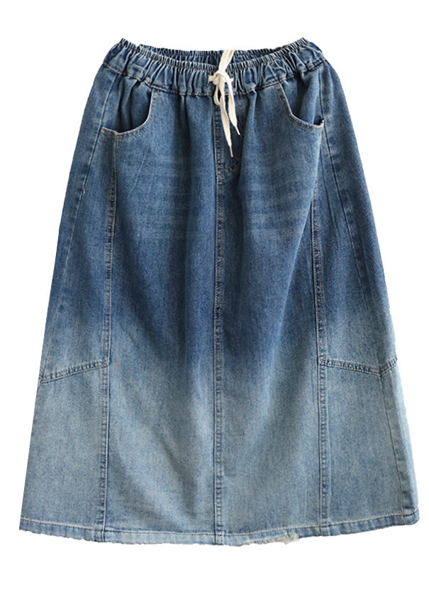 Gradient Color Blue Patchwork Elastic Waist Tie Waist a Line Skirts Summer