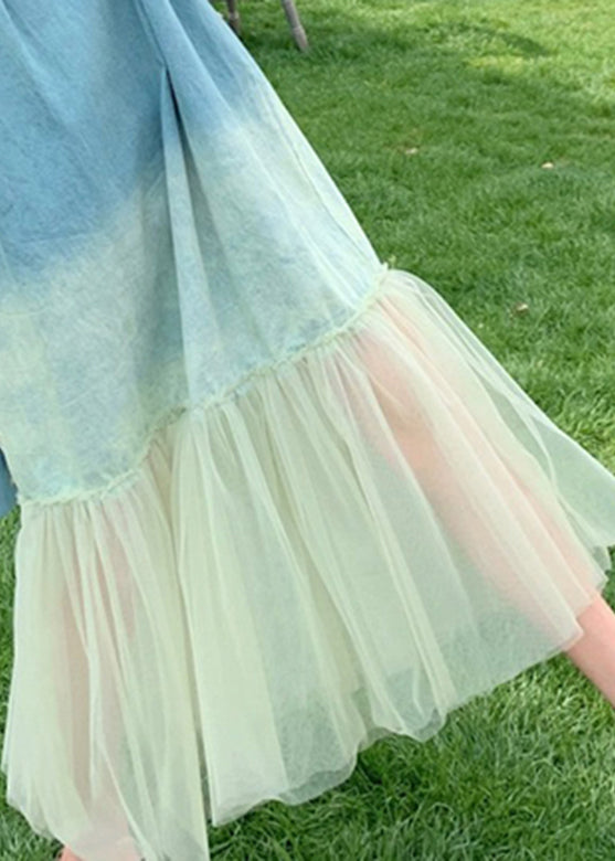 Gradient Color Blue Tulle Patchwork Spaghetti Strap Long Dress Short Sleeve
