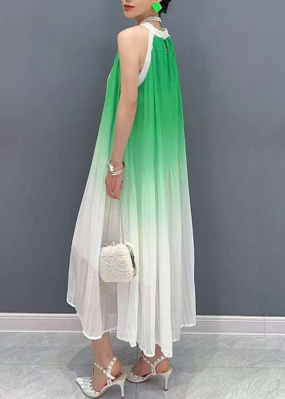Gradient Color Green O-neck Chiffon Maxi Dresses Sleeveless