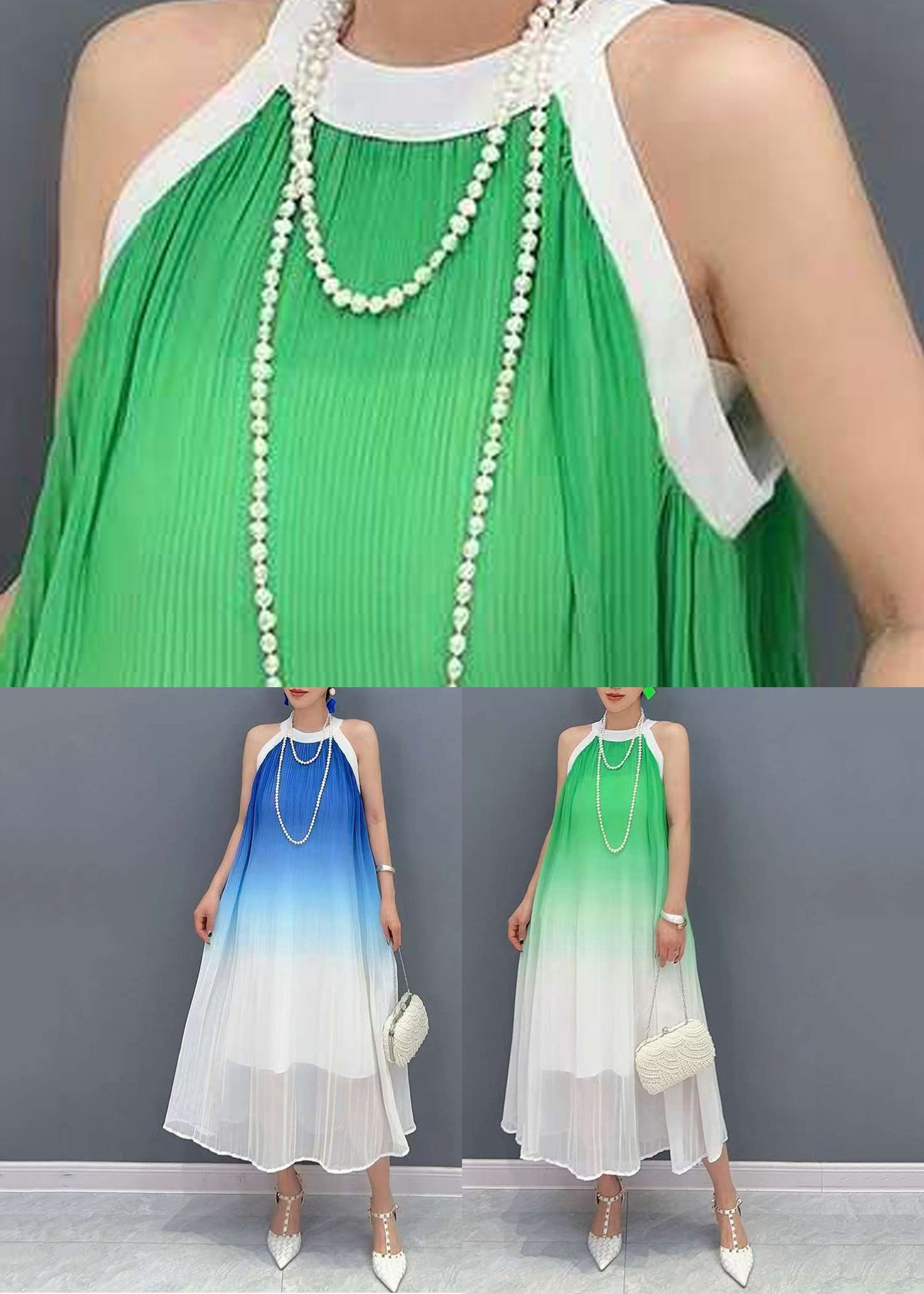 Gradient Color Green O-neck Chiffon Maxi Dresses Sleeveless
