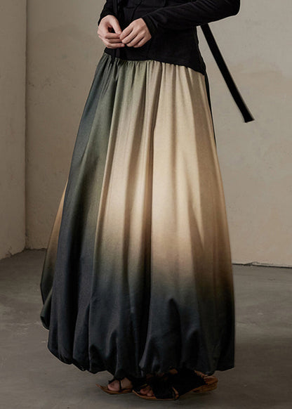 Gradient Color Patchwork Elastic Waist Silk Cotton Maxi Skirt Spring