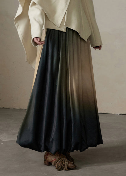 Gradient Color Patchwork Elastic Waist Silk Cotton Maxi Skirt Spring