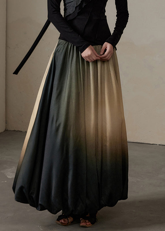 Gradient Color Patchwork Elastic Waist Silk Cotton Maxi Skirt Spring