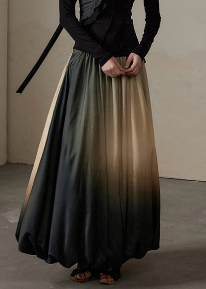 Gradient Color Patchwork Elastic Waist Silk Cotton Maxi Skirt Spring