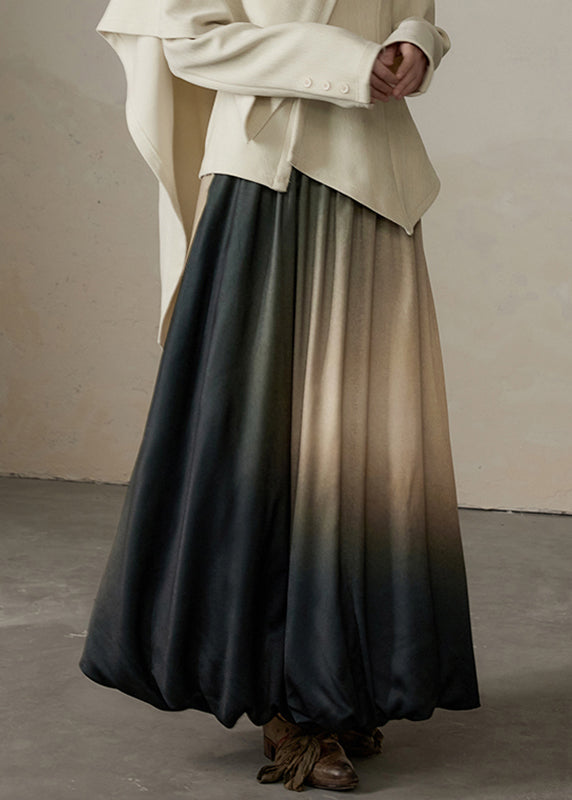 Gradient Color Patchwork Elastic Waist Silk Cotton Maxi Skirt Spring