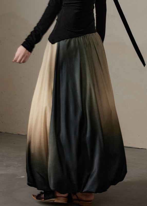 Gradient Color Patchwork Elastic Waist Silk Cotton Maxi Skirt Spring
