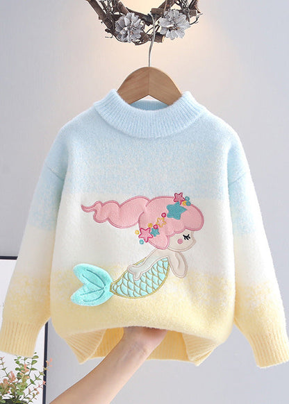 Gradient Color Pink Blue Warm Fleece Mermaid Cotton Knit Sweaters Spring