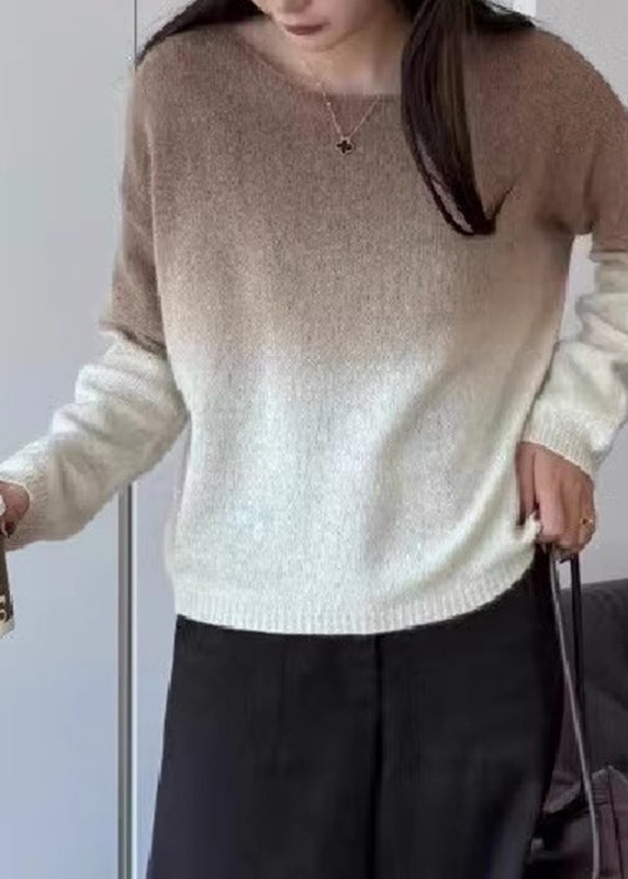 Gradient Color Pink O-neck Cotton Knit Sweaters Spring
