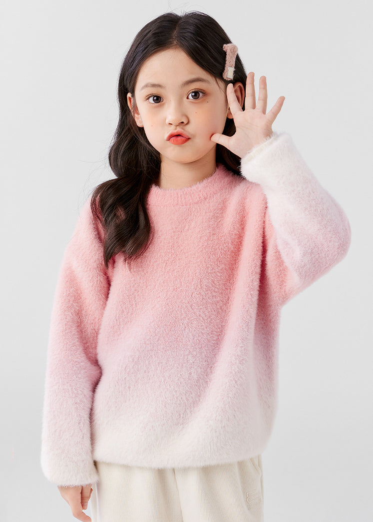 Gradient Color Pink O-neck Mink Velvet Knit Sweater Spring