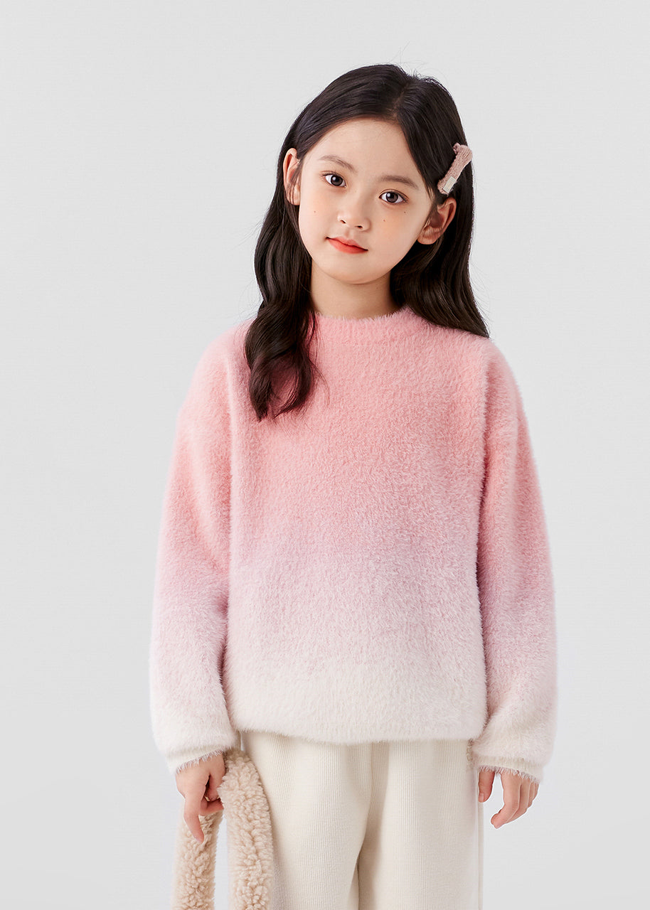Gradient Color Pink O-neck Mink Velvet Knit Sweater Spring