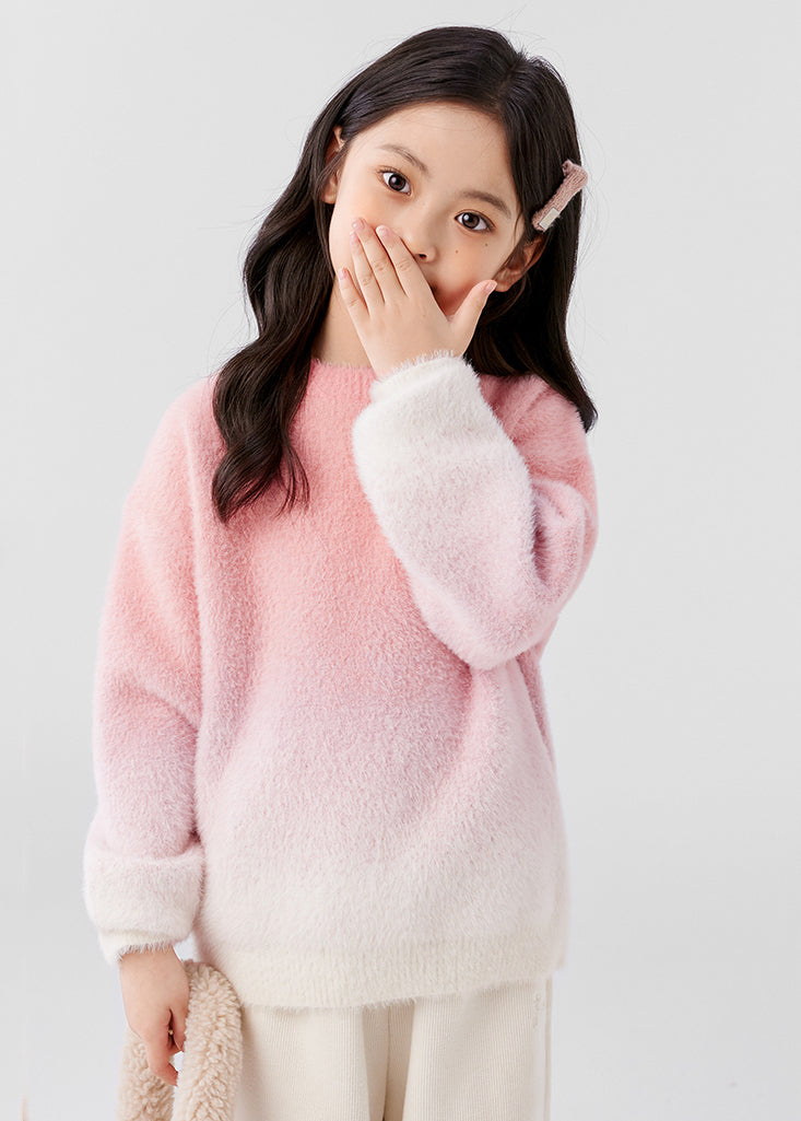 Gradient Color Pink O-neck Mink Velvet Knit Sweater Spring