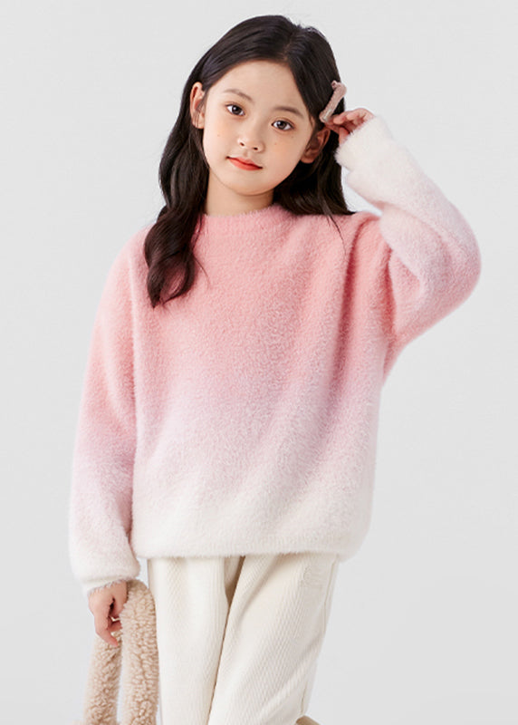 Gradient Color Pink O-neck Mink Velvet Knit Sweater Spring
