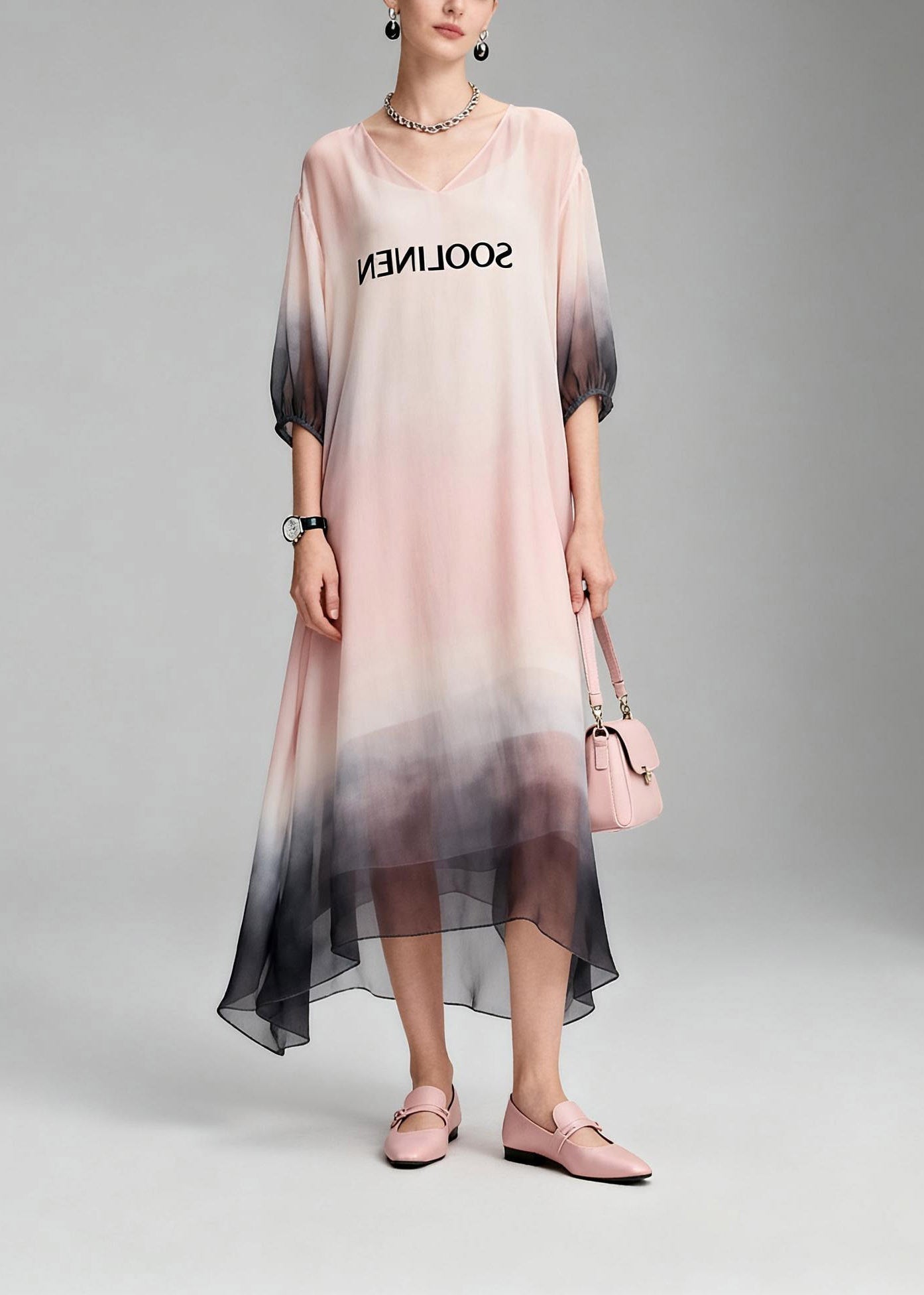 Gradient Color Pink V Neck Long Dress Summer