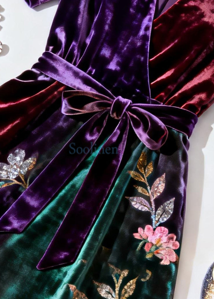 Gradient Color Print Tie Waist Silk Velvet Dresses V Neck Summer