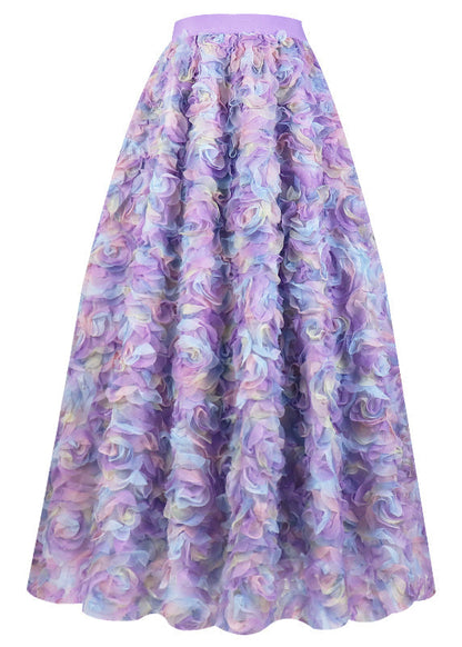 Gradient Color Purple Embroideried Elastic Waist Tulle Maxi Skirt Long Sleeve