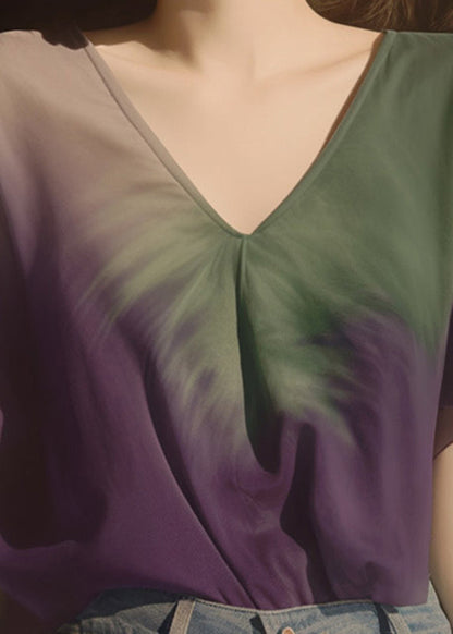 Gradient Color Purple V Neck Chiffon T Shirt Summer