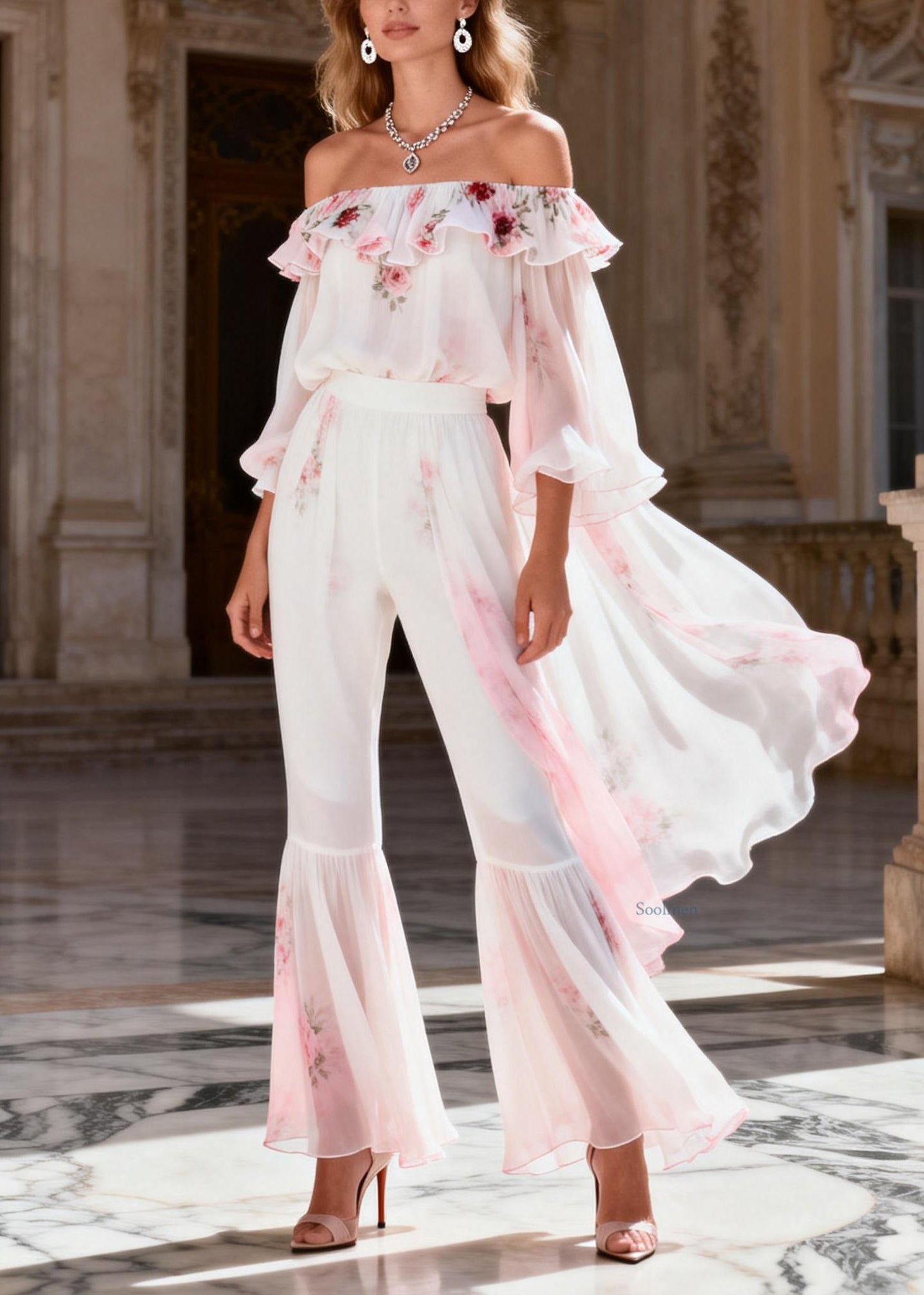 Gradient Color Slash Neck Print Chiffon Top and Flared Trousers Two Pieces Set Long Sleeve