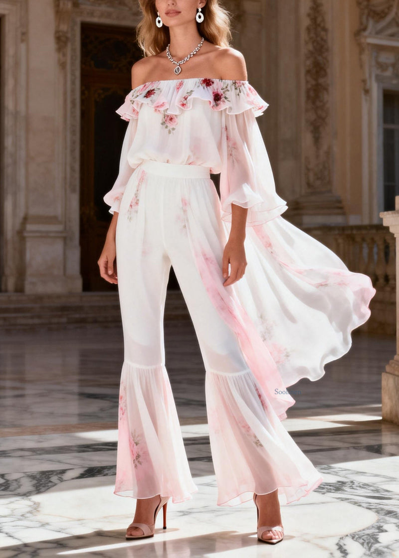 Gradient Color Slash Neck Print Chiffon Top and Flared Trousers Two Pieces Set Long Sleeve