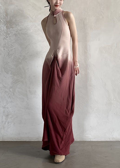 Gradient Color Stand Collar Patchwork Slim Maxi Dress Sleeveless
