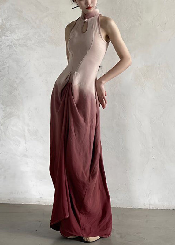 Gradient Color Stand Collar Patchwork Slim Maxi Dress Sleeveless