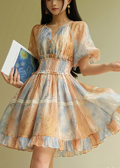 Gradient Color V Neck Patchwork Elastic Waist Long Dress Short Sleeve