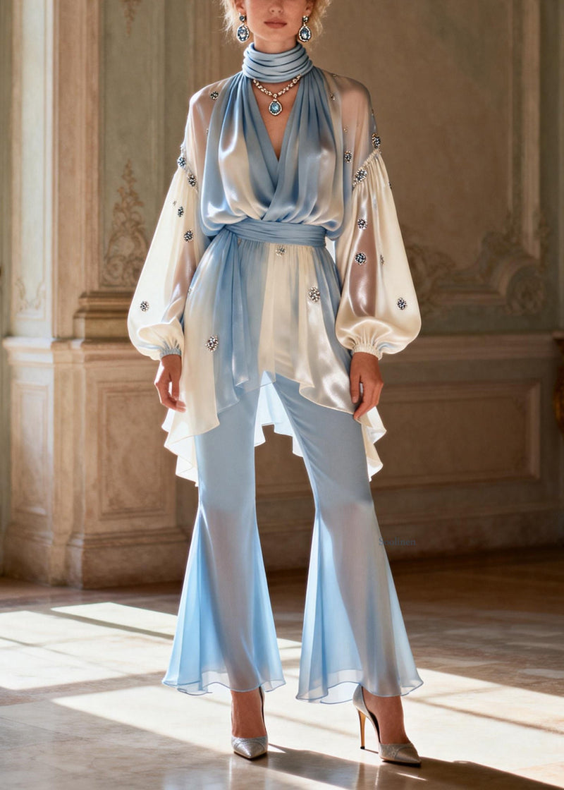 Gradient Color V Neck Patchwork Tunic Chiffon Shirts and Flared Trousers Two Pieces Set Spring