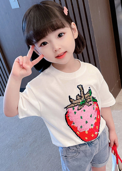 Gradient Color White O-neck Strawberry Print T Shirts Short Sleeve