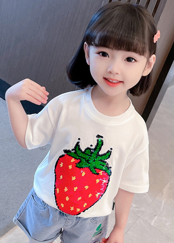 Gradient Color White O-neck Strawberry Print T Shirts Short Sleeve