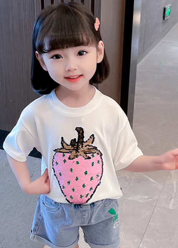 Gradient Color White O-neck Strawberry Print T Shirts Short Sleeve