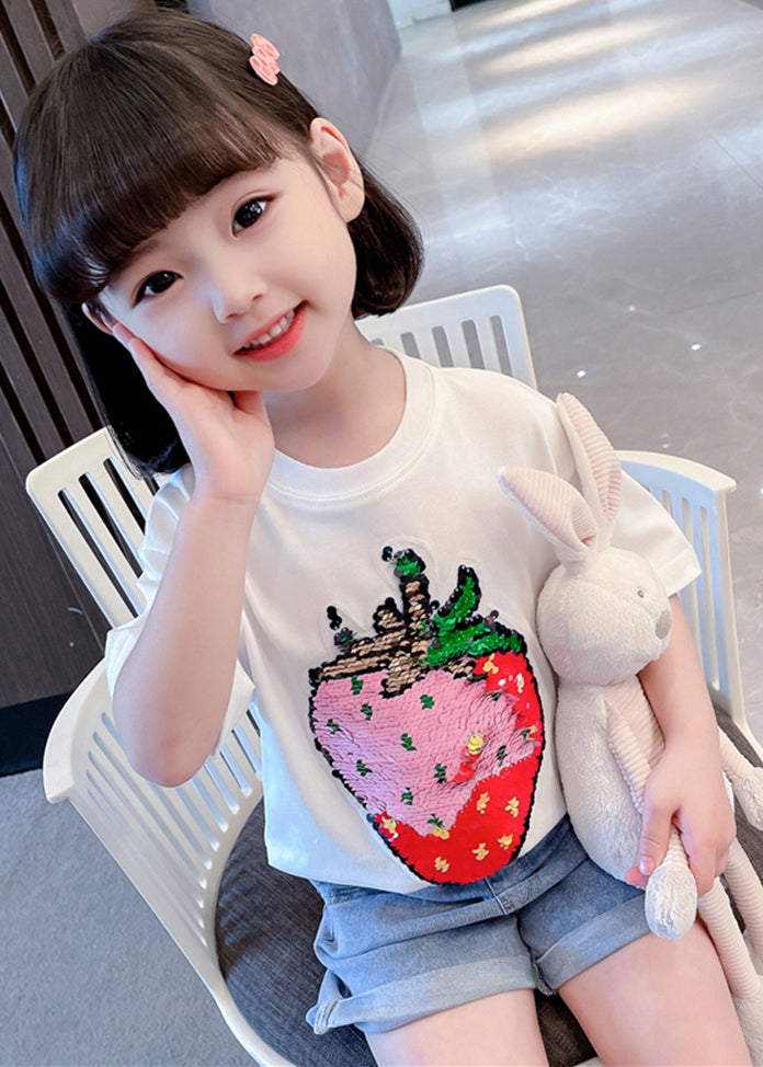 Gradient Color White O-neck Strawberry Print T Shirts Short Sleeve
