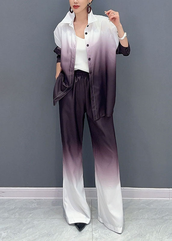 Gradient Color Yellow Peter Pan Collar Button Shirts and Pants Two Piece Set Fall