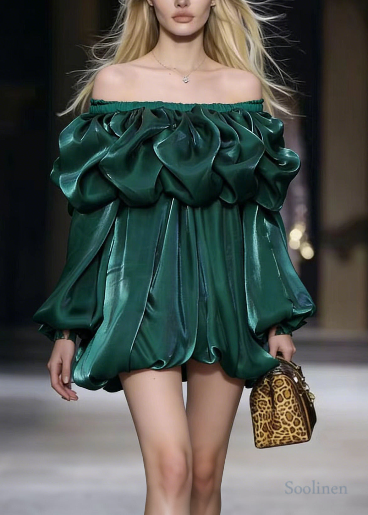 Grass Green Cold Shoulder Silk Mini Dresses Lantern Sleeve