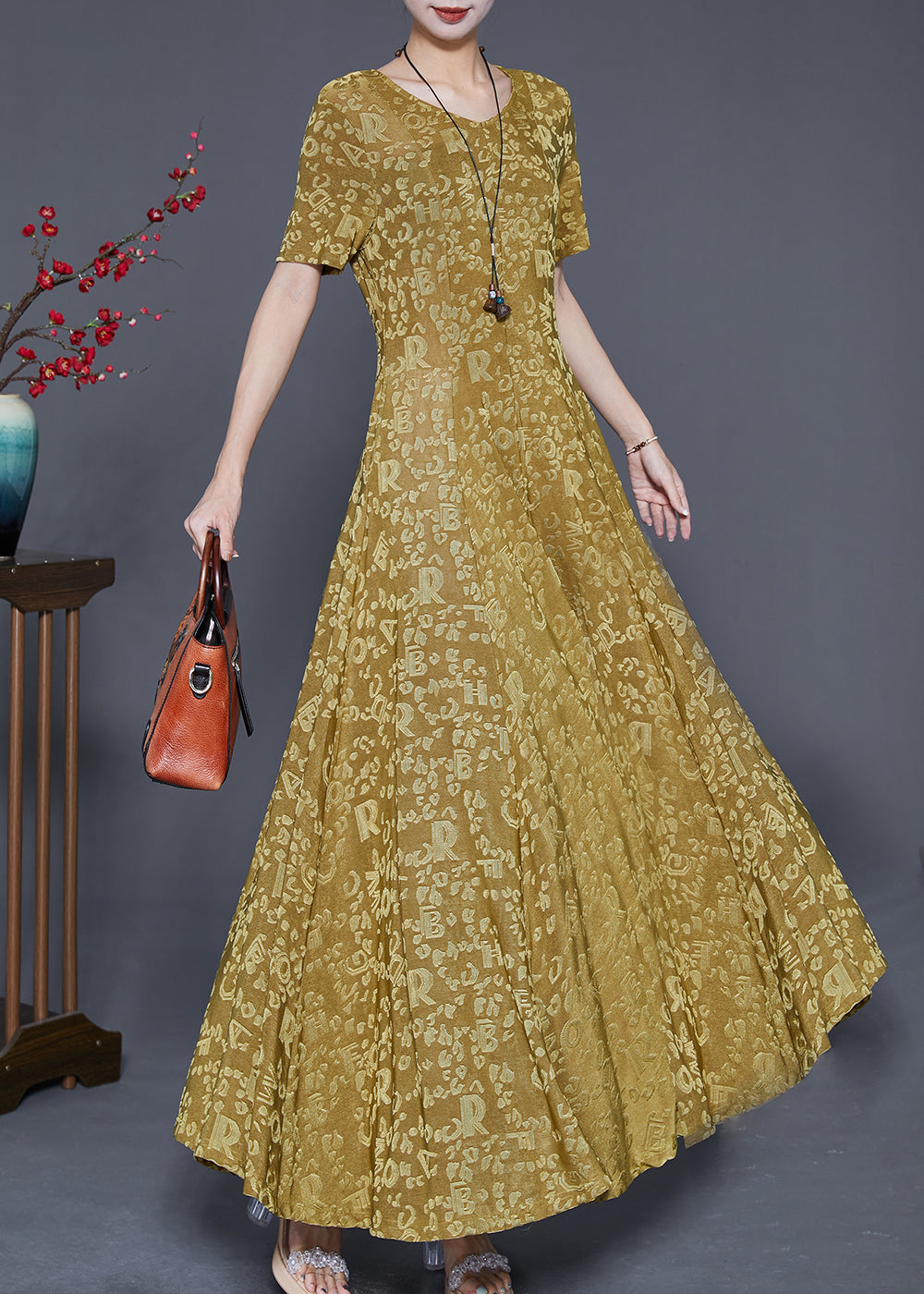 Grass Green Jacquard Silk a Line Dresses Slim Fit Summer