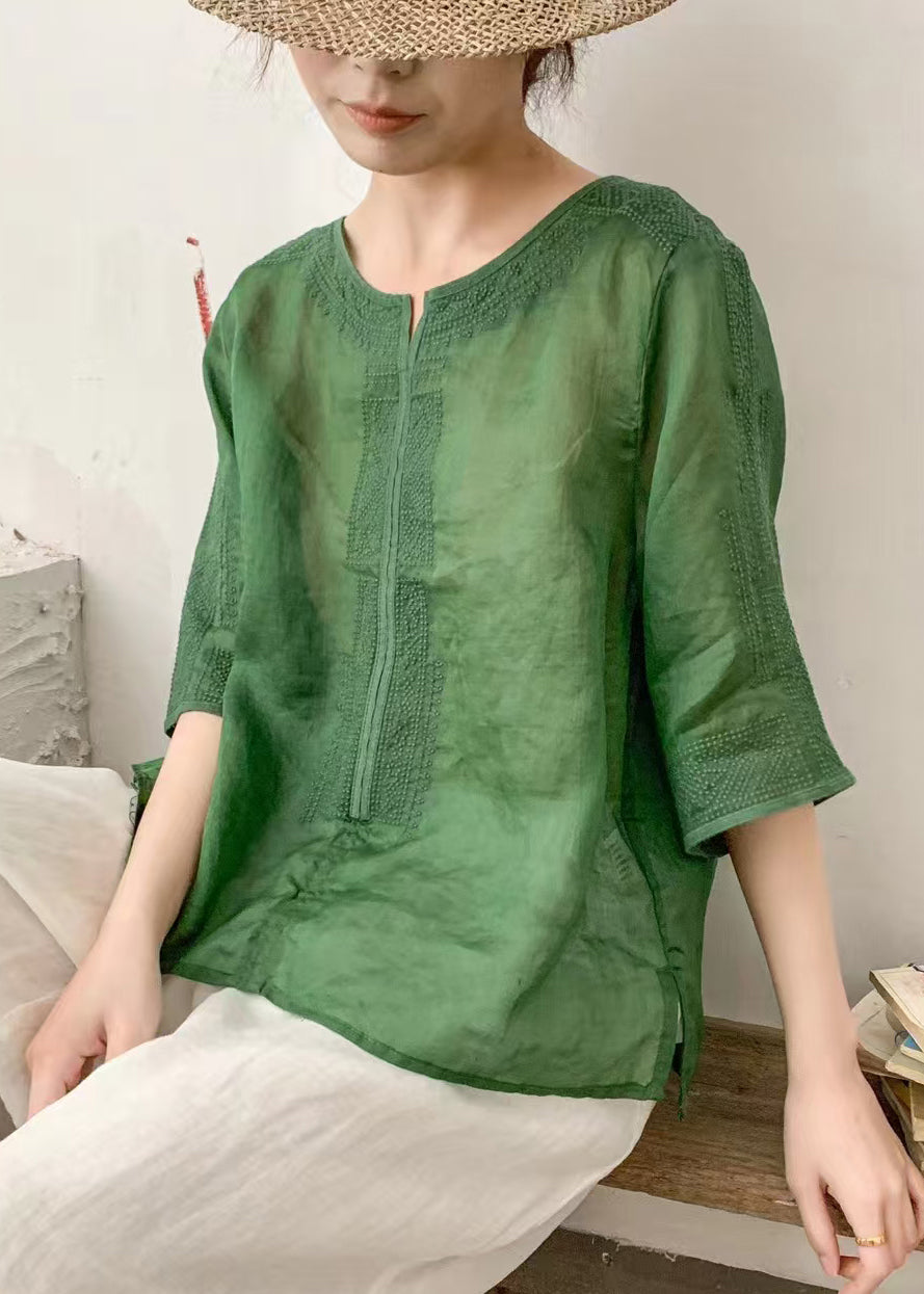 Grass Green Linen Shirts O-neck Embroidered Summer