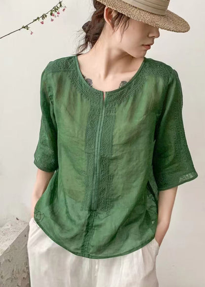 Grass Green Linen Shirts O-neck Embroidered Summer