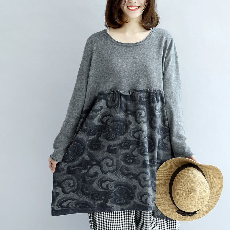 Gray Clouds Print Patchwork Winter Dresses Sweat Dress Cotton Maternity Clothing