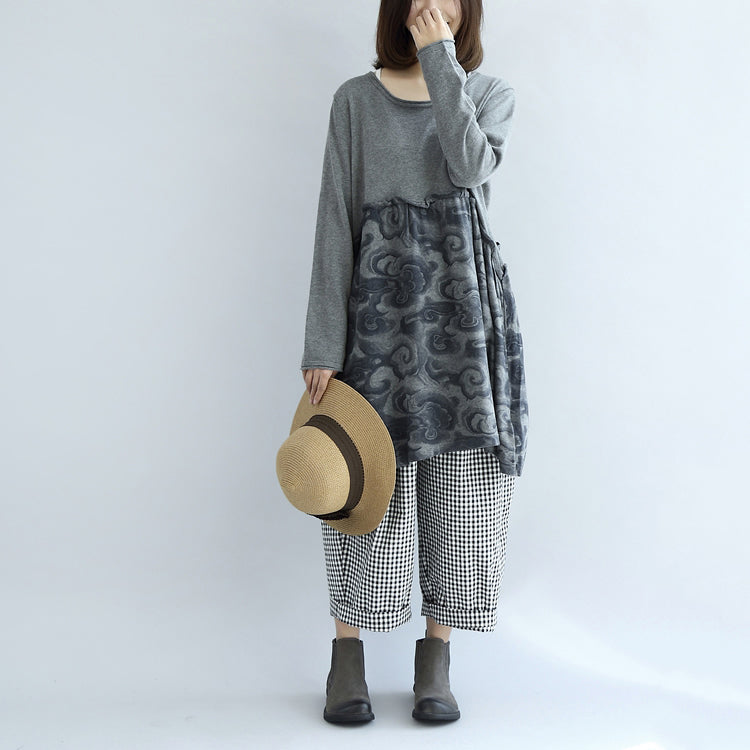 Gray Clouds Print Patchwork Winter Dresses Sweat Dress Cotton Maternity Clothing